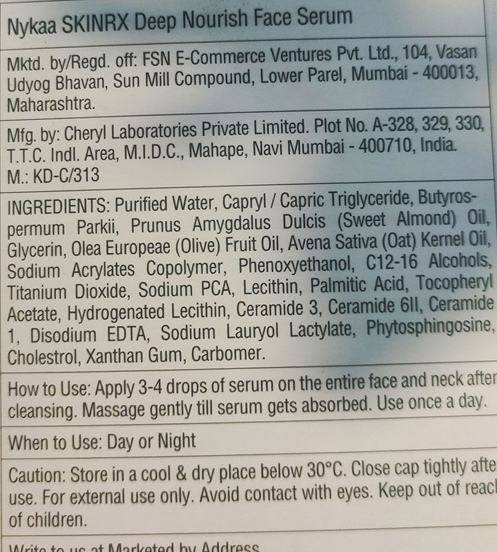 Ingredients of Nykaa SKINRX Ceramide Serum